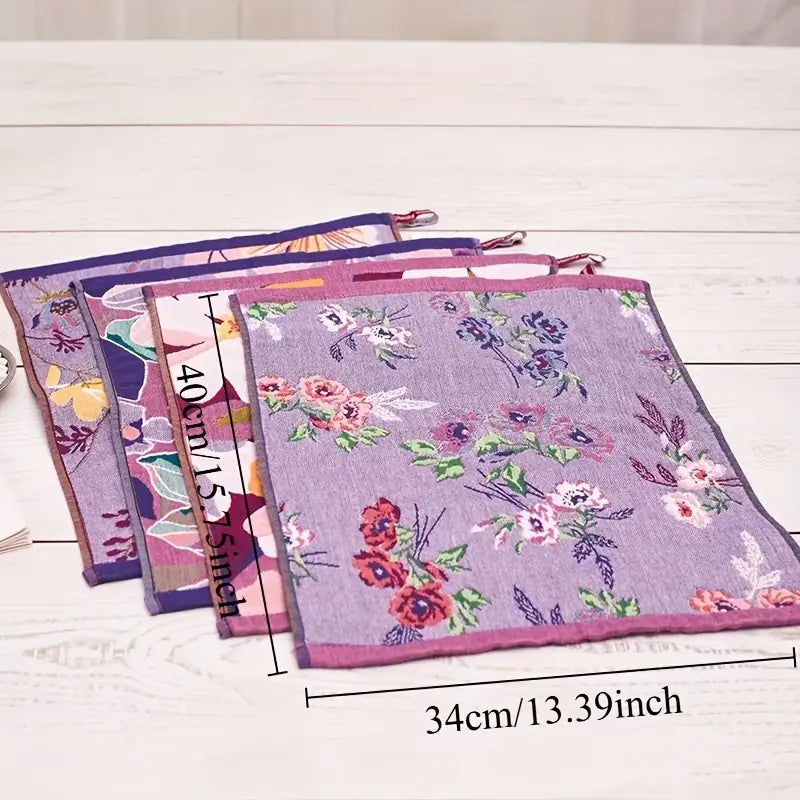 Floral-patterned bags on a white surface with measurements indicated.