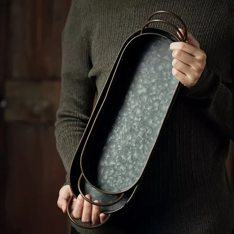 Rustic Oval Metal Tray Set with Handles – Galvanized Farmhouse Serving Trays, Decorative Organizer for Kitchen, Coffee Table, or Entryway