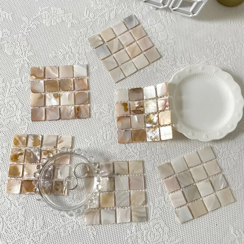 Mother-of-Pearl Mosaic Coaster Set – 3.3" Iridescent Shell Drink Coasters or Jewelry Display Tiles