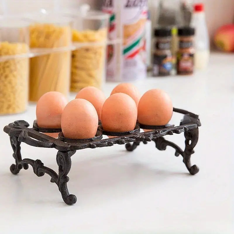 Vintage Cast Iron Egg Holder – 6 Slot Farmhouse Kitchen Countertop Egg Storage Rack, Rustic Wrought Iron Egg Tray Stand, French Country Decor