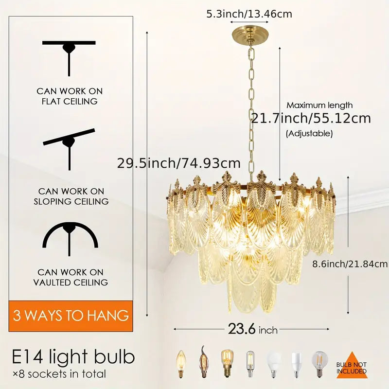 Vintage Crystal Glass Chandelier with Gold Finish – Elegant Ceiling Light Fixture | Adjustable Chain, 8-Light
