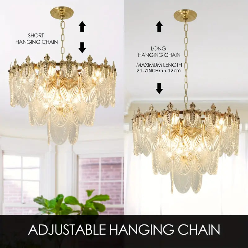 Vintage Crystal Glass Chandelier with Gold Finish – Elegant Ceiling Light Fixture | Adjustable Chain, 8-Light