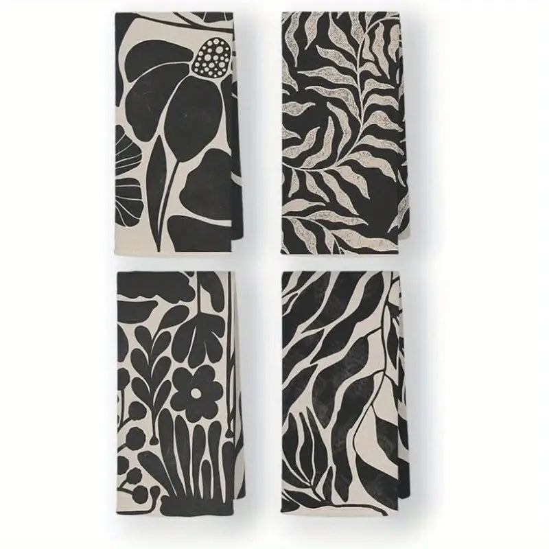 🌿 Black & Beige Boho Kitchen Towels – Modern Floral & Abstract Set of 4 | Quick-Dry, Machine Washable Dish Towels