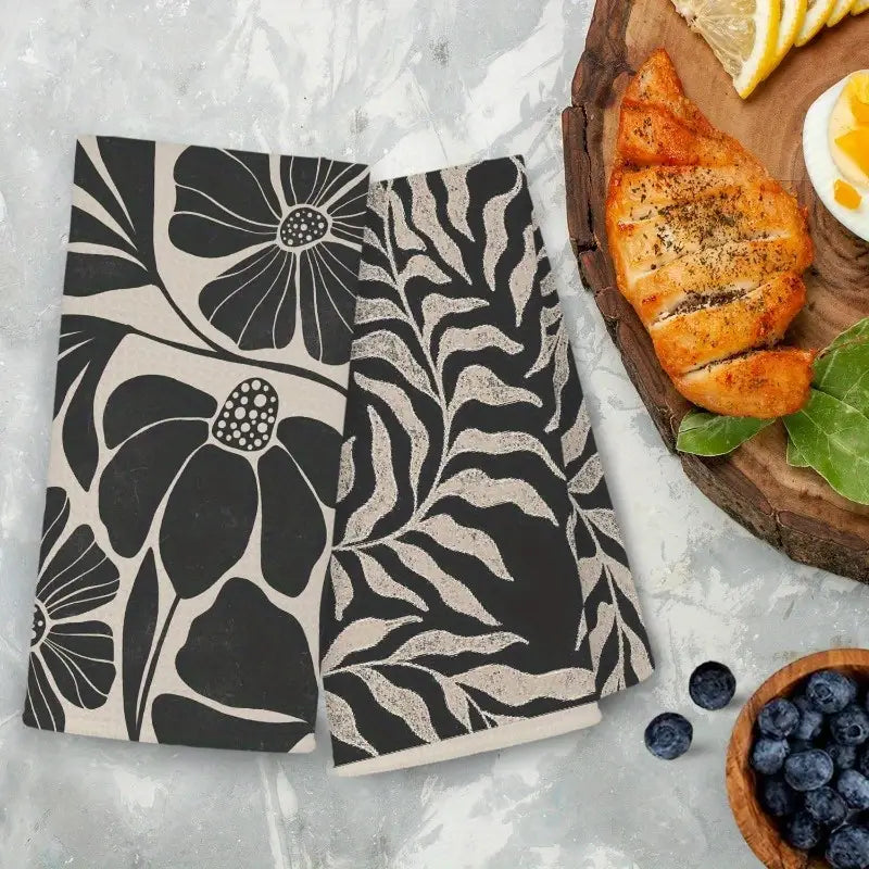 🌿 Black & Beige Boho Kitchen Towels – Modern Floral & Abstract Set of 4 | Quick-Dry, Machine Washable Dish Towels