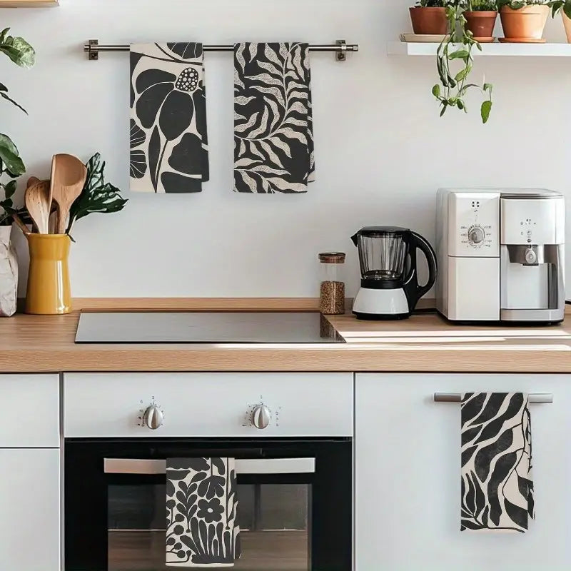 🌿 Black & Beige Boho Kitchen Towels – Modern Floral & Abstract Set of 4 | Quick-Dry, Machine Washable Dish Towels
