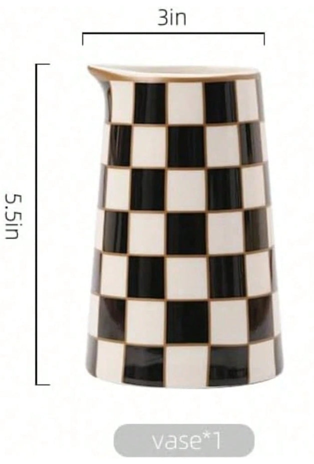 Black and White Checkered Ceramic Vase Set – Farmhouse Kitchen Decor, Modern Minimalist Flower Pitcher, Gift for Home or Office