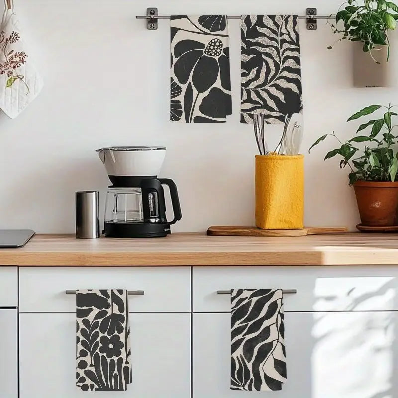 🌿 Black & Beige Boho Kitchen Towels – Modern Floral & Abstract Set of 4 | Quick-Dry, Machine Washable Dish Towels