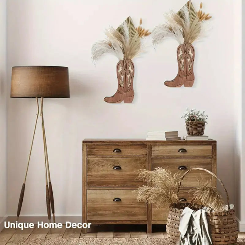 Rustic Wooden Cowboy Boot Wall Vase – Western Wall Planter for Farmhouse, Wedding & Boho Decor