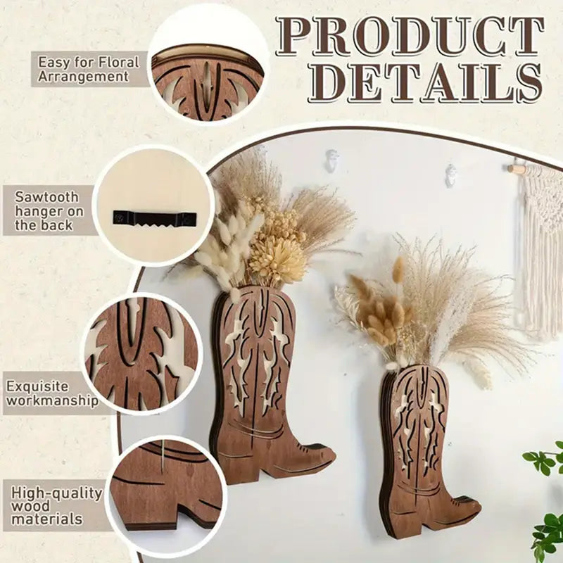 Rustic Wooden Cowboy Boot Wall Vase – Western Wall Planter for Farmhouse, Wedding & Boho Decor