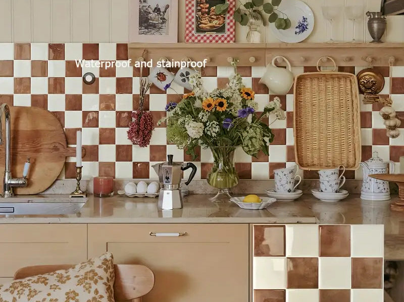 Brown & Cream Checkered Peel and Stick Backsplash Tiles – 10 Pack | Farmhouse Kitchen Wall Décor