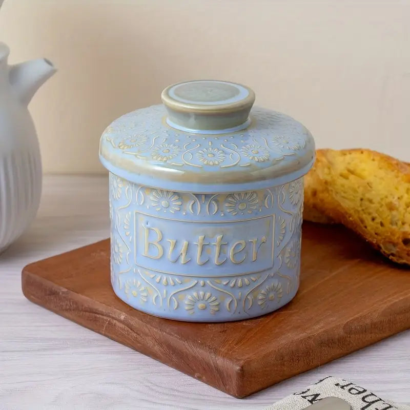 Vintage Embossed Ceramic Butter Keeper – French Country Blue Butter Dish with Lid