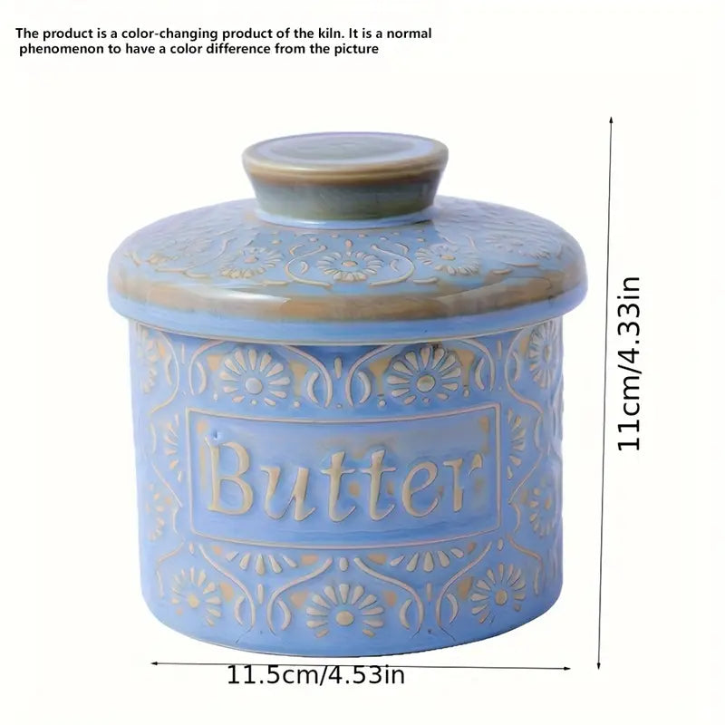 Vintage Embossed Ceramic Butter Keeper – French Country Blue Butter Dish with Lid