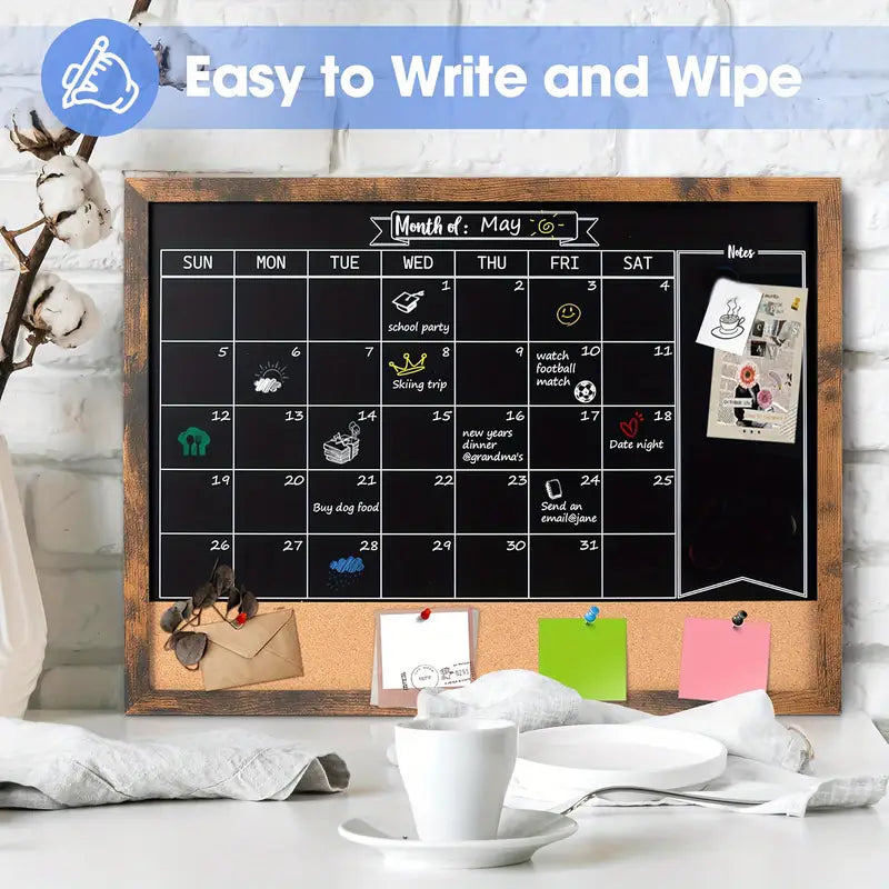 Rustic Chalkboard Wall Calendar with Cork Bulletin Board – Dry Erase Monthly Planner