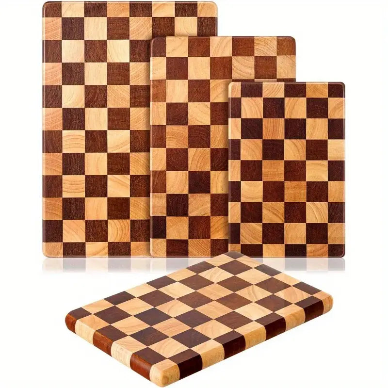 Checkered Acacia Wood Cutting Board Set of 3 – End Grain Butcher Block Cutting Boards with Non-Slip Pads (Small, Medium, Large)