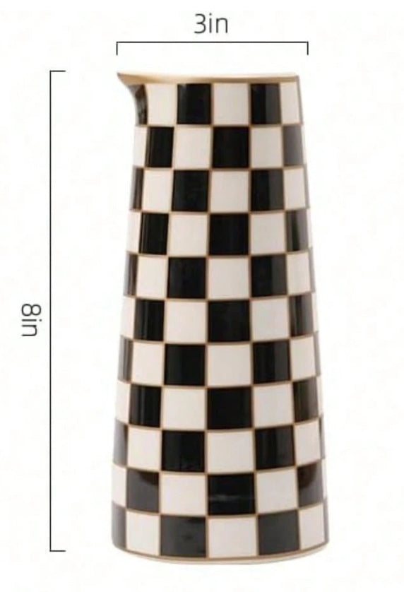 Black and White Checkered Ceramic Vase Set – Farmhouse Kitchen Decor, Modern Minimalist Flower Pitcher, Gift for Home or Office