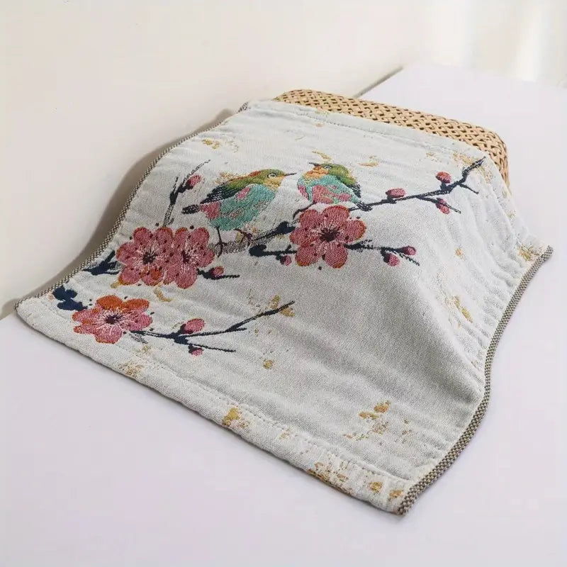 1pc Vintage Floral Bird Hand Towel – 14x14" Soft Absorbent Rustic Gauze Towel for Kitchen, Bathroom, Yoga, Car & Outdoor