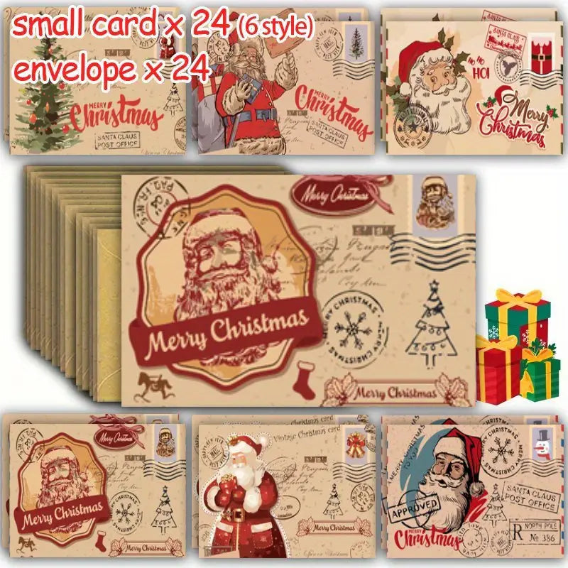 🎄 Vintage Christmas Greeting Cards with Envelopes – 24 Pack (6 Santa & Holiday Styles)