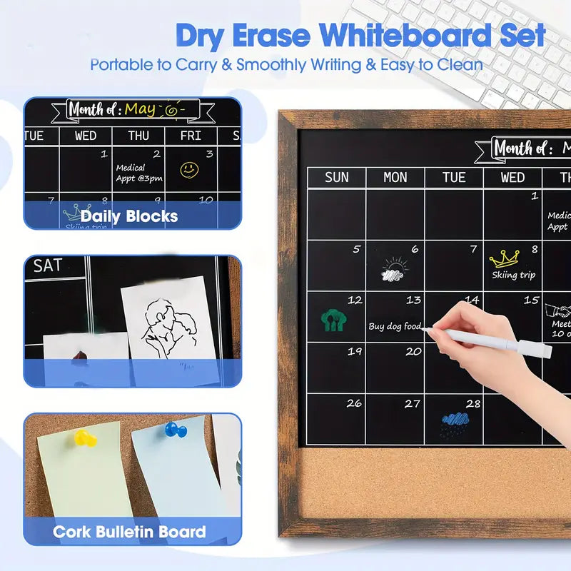 Rustic Chalkboard Wall Calendar with Cork Bulletin Board – Dry Erase Monthly Planner