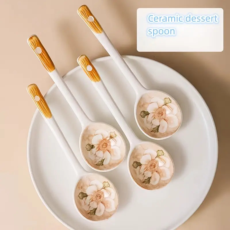 Floral Ceramic Dessert Spoons – Set of 4 Cottagecore Kitchen Utensils