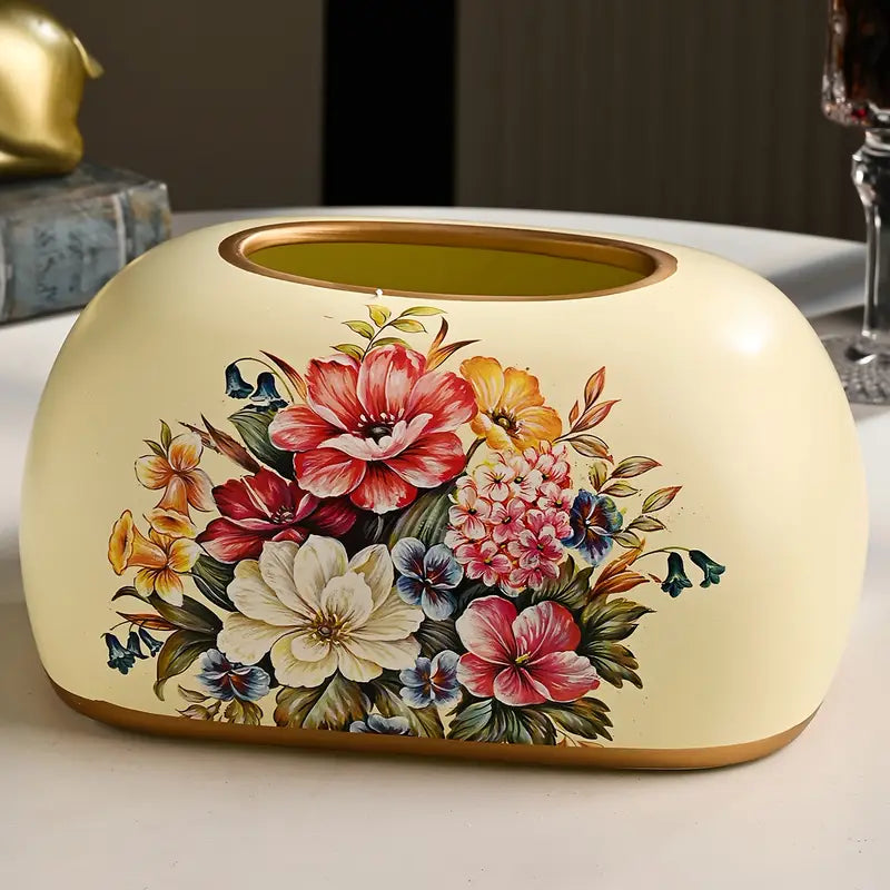 Vintage Floral Tissue Box Cover – Hand-Painted Retro Design, Durable Resin Tissue Holder for Living Room, Bedroom, Bathroom & Office