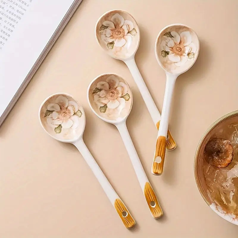 Floral Ceramic Dessert Spoons – Set of 4 Cottagecore Kitchen Utensils