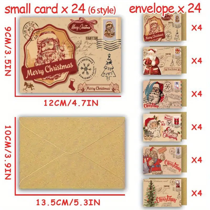 🎄 Vintage Christmas Greeting Cards with Envelopes – 24 Pack (6 Santa & Holiday Styles)