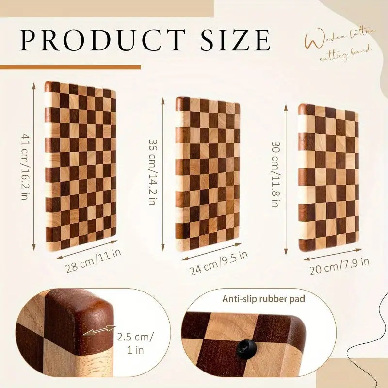 Checkered Acacia Wood Cutting Board Set of 3 – End Grain Butcher Block Cutting Boards with Non-Slip Pads (Small, Medium, Large)