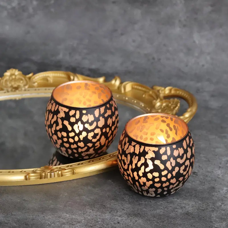 🔥 Leopard Print Glass Candle Holder – Round Black & Gold Tealight Votive Set of 2 | Boho Glam Home Decor