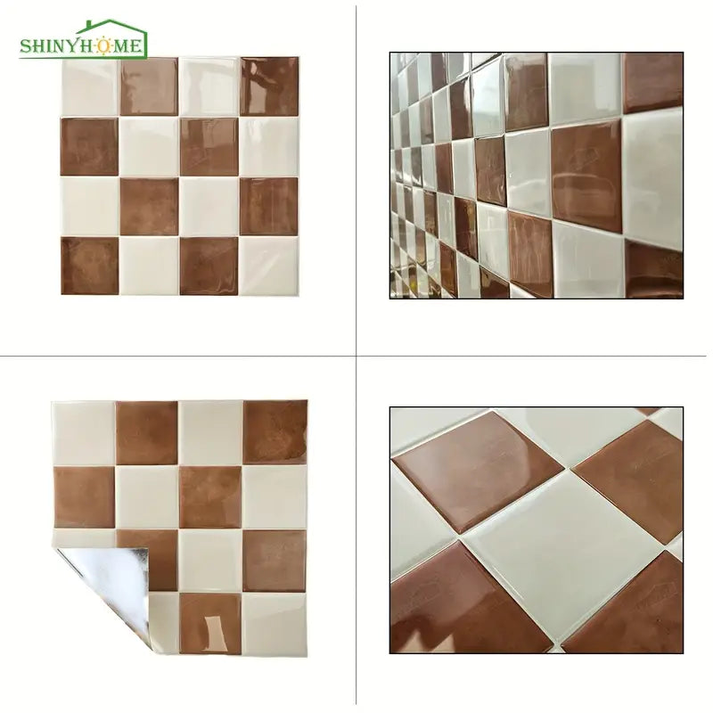 Brown & Cream Checkered Peel and Stick Backsplash Tiles – 10 Pack | Farmhouse Kitchen Wall Décor