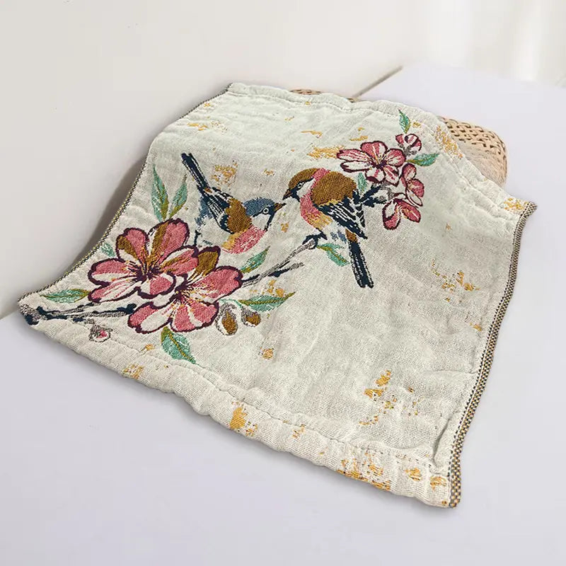 1pc Vintage Floral Bird Hand Towel – 14x14" Soft Absorbent Rustic Gauze Towel for Kitchen, Bathroom, Yoga, Car & Outdoor