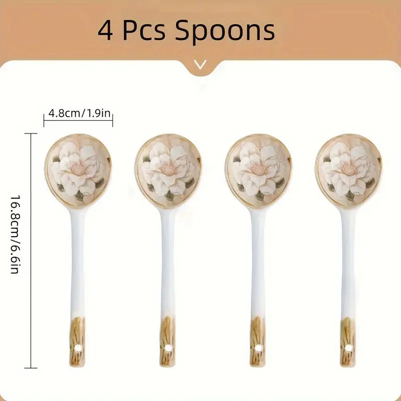Floral Ceramic Dessert Spoons – Set of 4 Cottagecore Kitchen Utensils