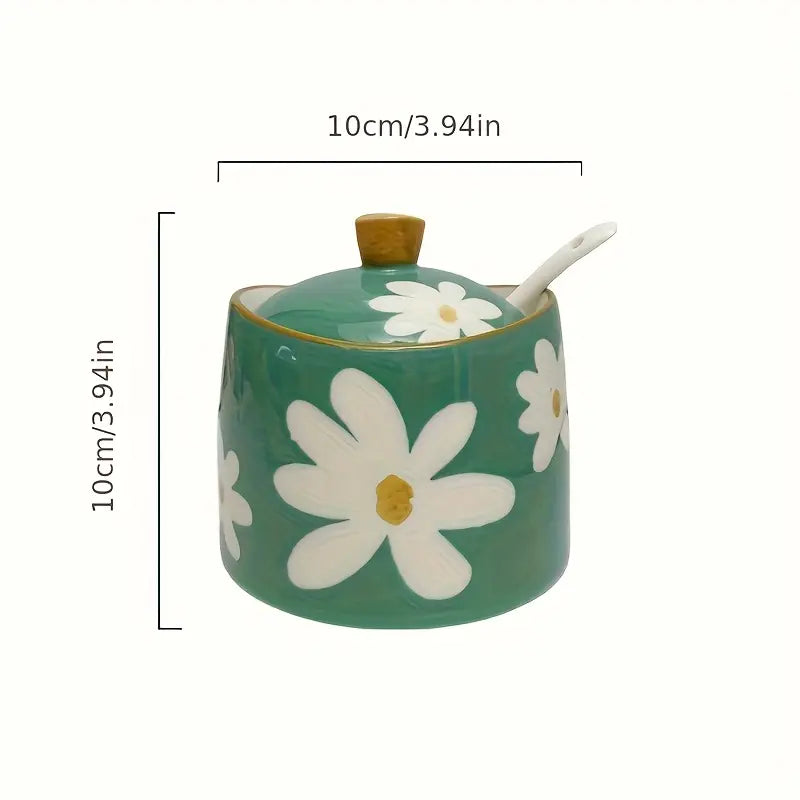Hand-Painted Daisy Ceramic Sugar Bowl with Lid & Spoon – Cottagecore Kitchen Décor