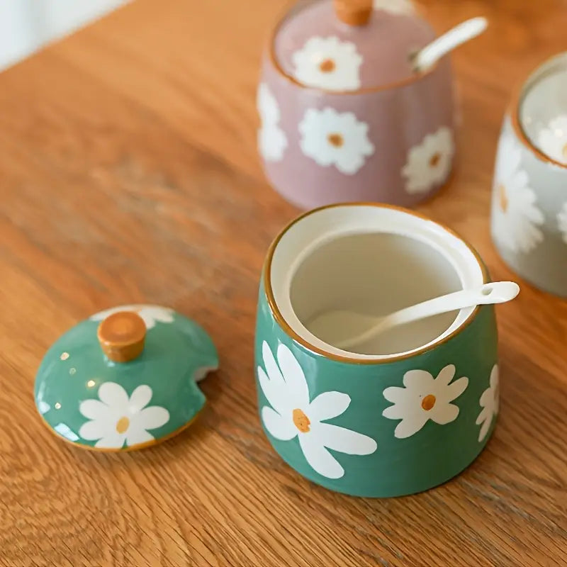 Hand-Painted Daisy Ceramic Sugar Bowl with Lid & Spoon – Cottagecore Kitchen Décor