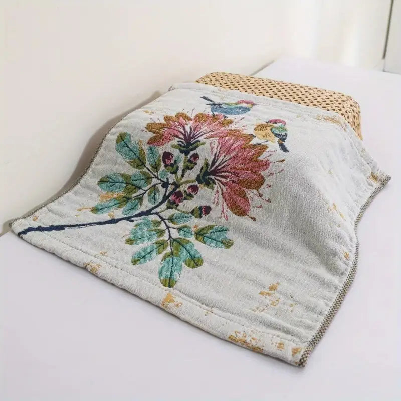 1pc Vintage Floral Bird Hand Towel – 14x14" Soft Absorbent Rustic Gauze Towel for Kitchen, Bathroom, Yoga, Car & Outdoor