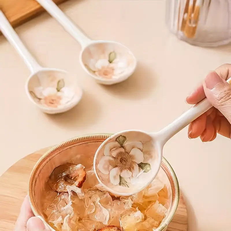 Floral Ceramic Dessert Spoons – Set of 4 Cottagecore Kitchen Utensils