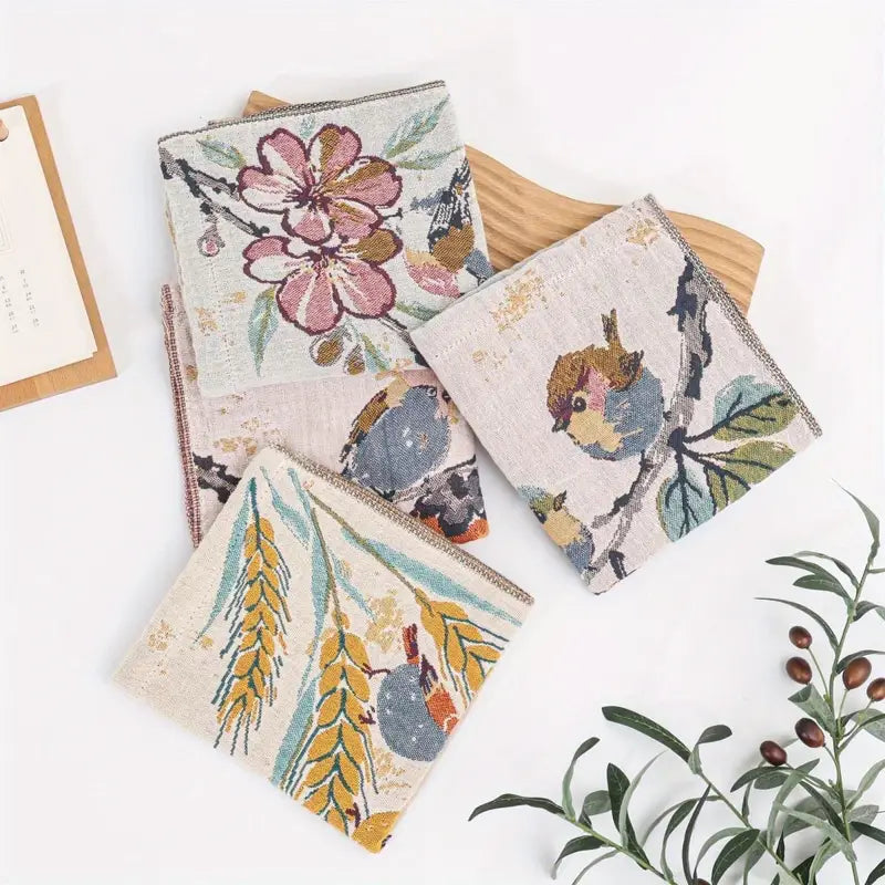 1pc Vintage Floral Bird Hand Towel – 14x14" Soft Absorbent Rustic Gauze Towel for Kitchen, Bathroom, Yoga, Car & Outdoor