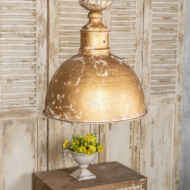 Rustic Farmhouse Pendant Light – Distressed Gold Metal Dome Shade | Vintage Industrial Hanging Lamp