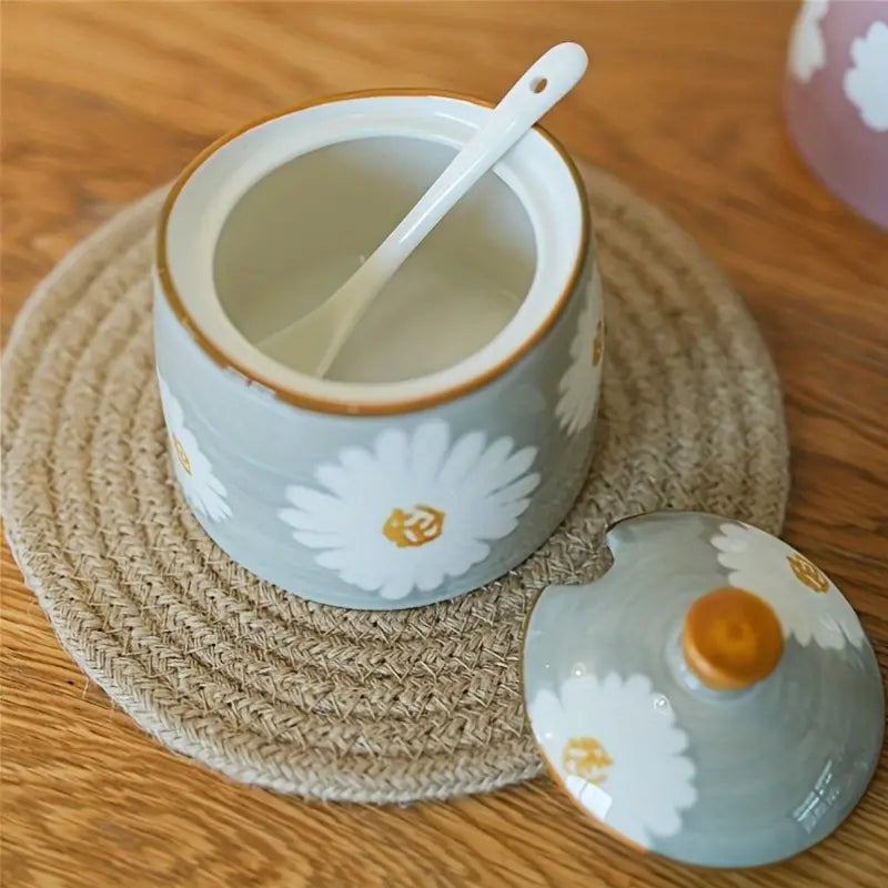 Hand-Painted Daisy Ceramic Sugar Bowl with Lid & Spoon – Cottagecore Kitchen Décor