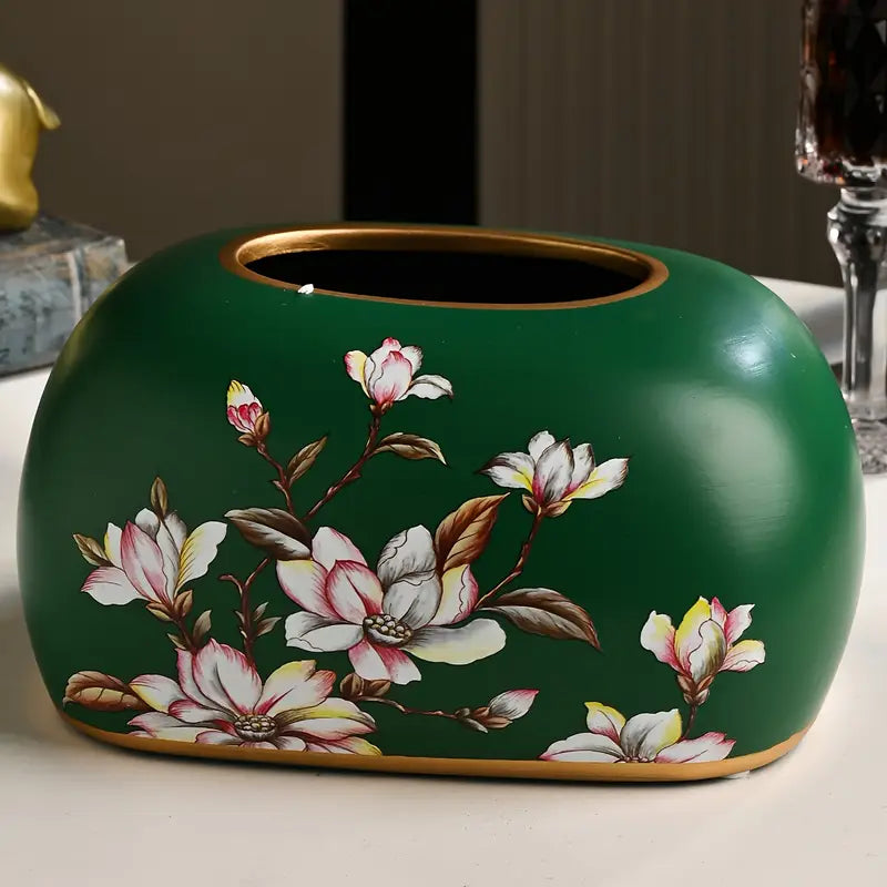 Vintage Floral Tissue Box Cover – Hand-Painted Retro Design, Durable Resin Tissue Holder for Living Room, Bedroom, Bathroom & Office