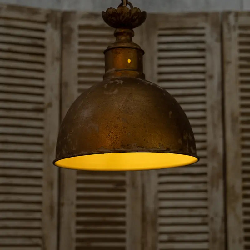 Rustic Farmhouse Pendant Light – Distressed Gold Metal Dome Shade | Vintage Industrial Hanging Lamp