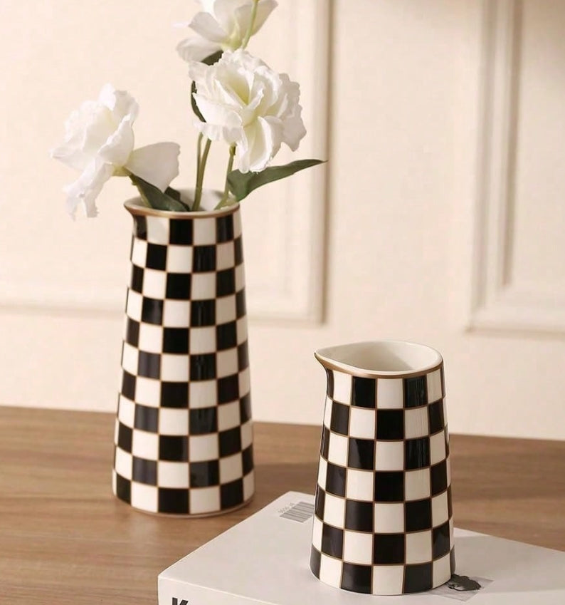 Black and White Checkered Ceramic Vase Set – Farmhouse Kitchen Decor, Modern Minimalist Flower Pitcher, Gift for Home or Office