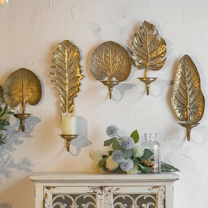Gold Leaf Wall Candle Holders – Botanical Metal Sconces for Boho Luxe Home Decor