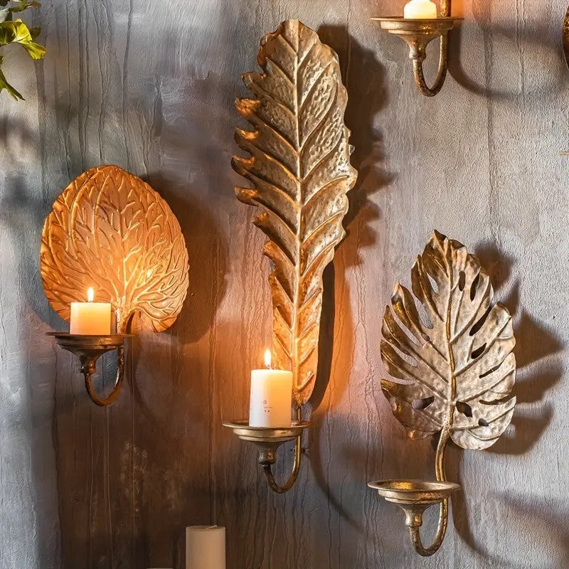 Gold Leaf Wall Candle Holders – Botanical Metal Sconces for Boho Luxe Home Decor