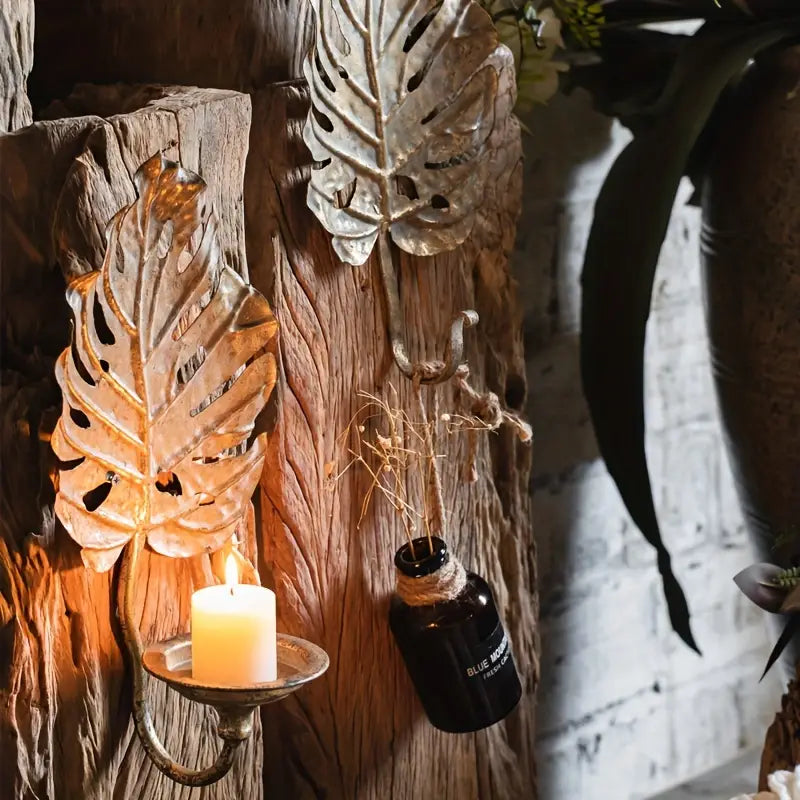 Gold Leaf Wall Candle Holders – Botanical Metal Sconces for Boho Luxe Home Decor