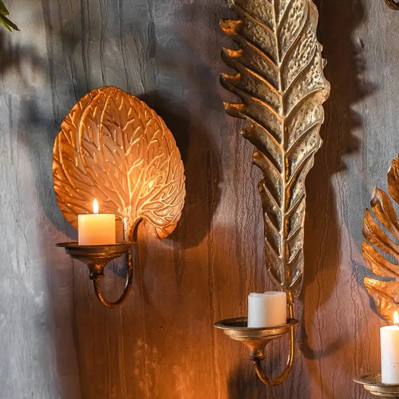 Gold Leaf Wall Candle Holders – Botanical Metal Sconces for Boho Luxe Home Decor
