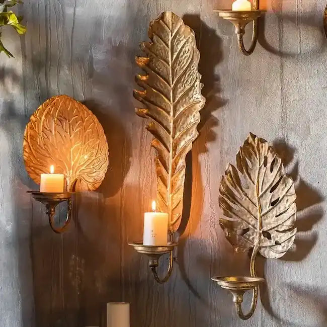 Gold Leaf Wall Candle Holders – Botanical Metal Sconces for Boho Luxe Home Decor
