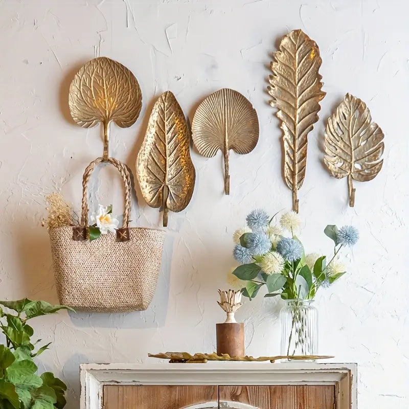 Gold Leaf Wall Hooks – Botanical Metal Hooks for Boho Luxe Home Decor