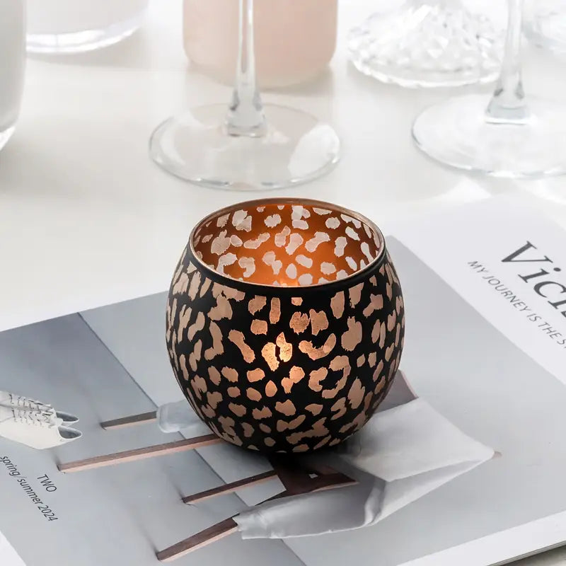 🔥 Leopard Print Glass Candle Holder – Round Black & Gold Tealight Votive Set of 2 | Boho Glam Home Decor