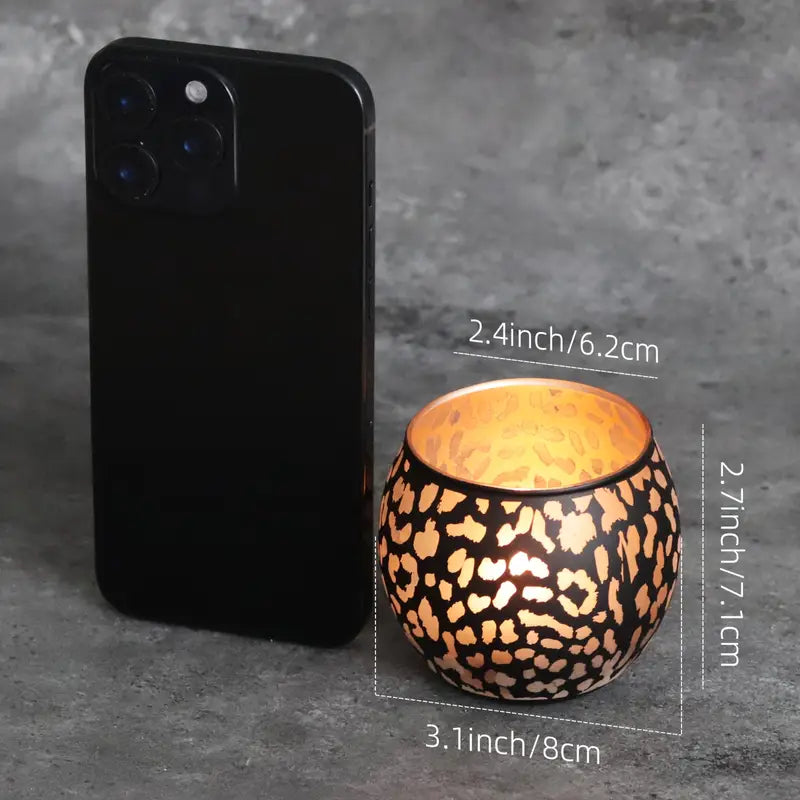 🔥 Leopard Print Glass Candle Holder – Round Black & Gold Tealight Votive Set of 2 | Boho Glam Home Decor
