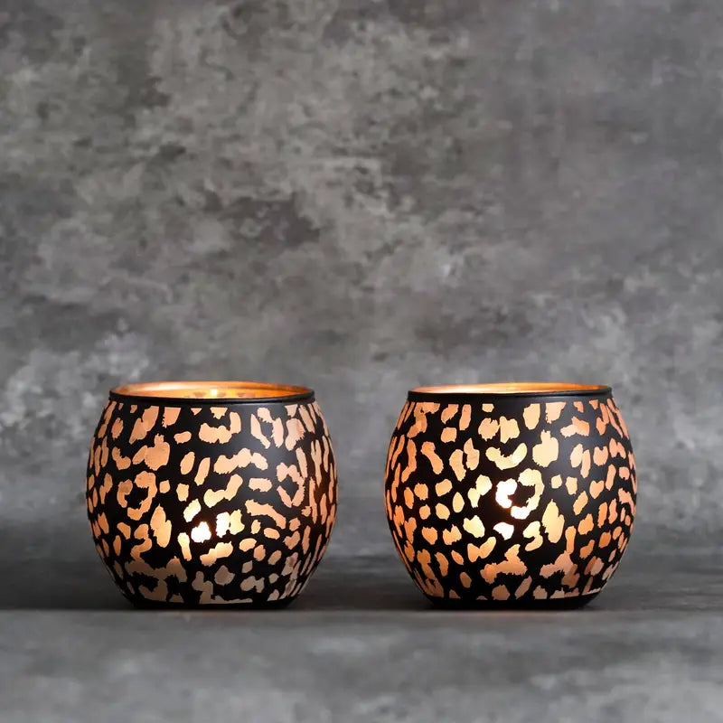 🔥 Leopard Print Glass Candle Holder – Round Black & Gold Tealight Votive Set of 2 | Boho Glam Home Decor